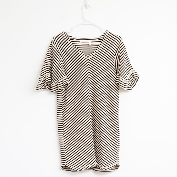 SALE SEE BY CHLOÉ Striped Jersey Dress Ruffle Sleeve Beige L - Picture 1 of 6